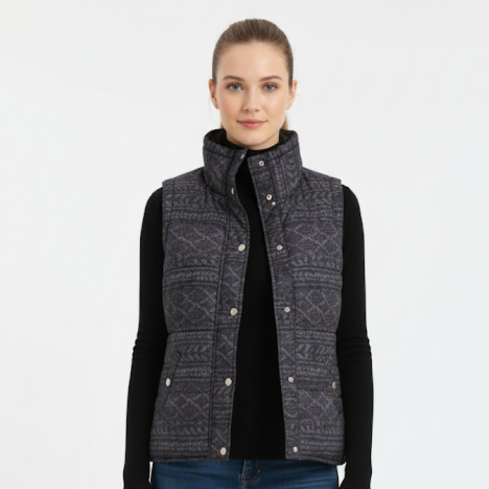 Style & Co Women's Light‎ Puffer Vest Grey Black Geometric Print Polyfill Small